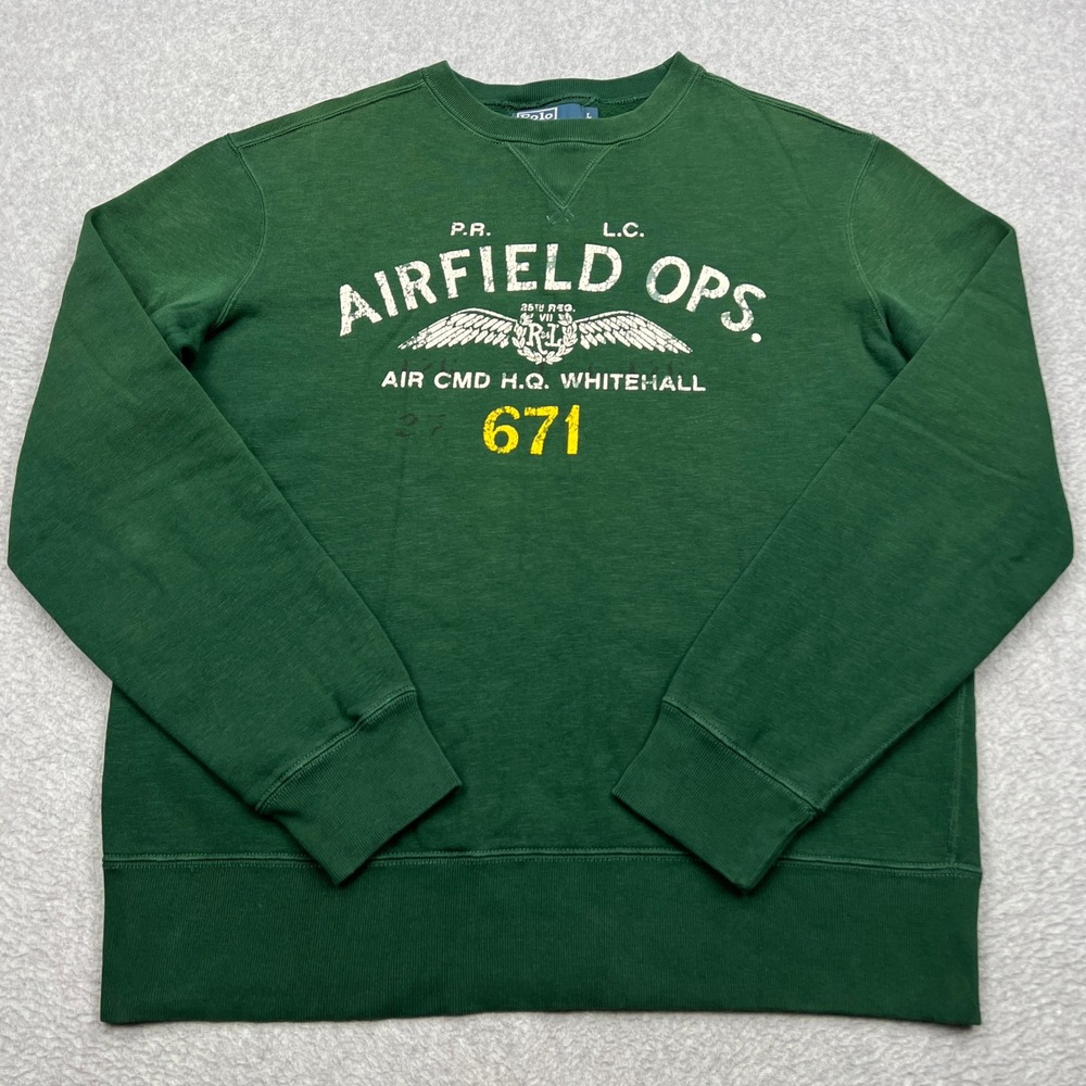 Polo Ralph Lauren Airfield Ops Sweatshirt Mens Large Green Crew Military V-Notch